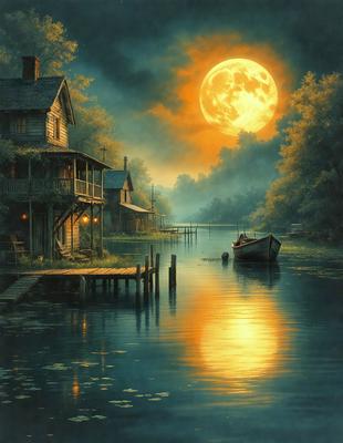The primary subject of the image is a boat floating on a body of water, with a house and a moon in the background. The setting is a serene, natural environment, and the visual style is a painting or drawing. The colors and mood of the image are predominantly warm and calming, with the moon and the water creating a peaceful atmosphere.